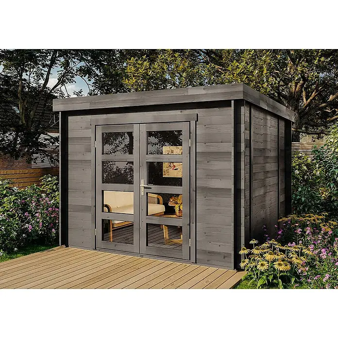 Alpholz Gartenhaus Paloma Sol - Außenmaß inkl. Dachüberstand (B x T): 298 x 298 cm, Holz, Anthrazitgrau - Moderner grauer Holzschuppen mit Glastüren auf einer Holzterrasse in einem üppigen Garten.