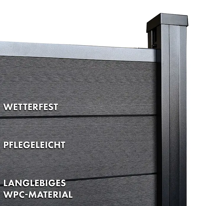 Floordirekt Sichtschutzelement Kronos - B x H: 180 x 180 cm, Verbundwerkstoff, Schwarz - Nahaufnahme eines dunkelgrauen WPC-Zaunelements mit passendem Metallrahmen und -pfosten, hervorhebend sein langlebiges, wetterfestes und pflegeleichtes Material.
