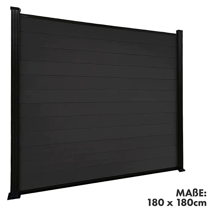 Floordirekt Sichtschutzelement Kronos - B x H: 180 x 180 cm, Verbundwerkstoff, Schwarz - Dunkelgrauer Sichtschutz mit horizontalen Lamellen und schwarzen Pfosten, 180x180cm.