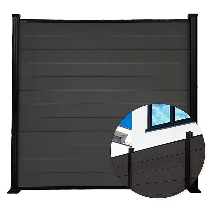Floordirekt Sichtschutzelement Kronos - B x H: 180 x 180 cm, Verbundwerkstoff, Schwarz - Dunkelgraues WPC-Sichtschutzpaneel mit schwarzen Pfosten, für den Außenbereich.