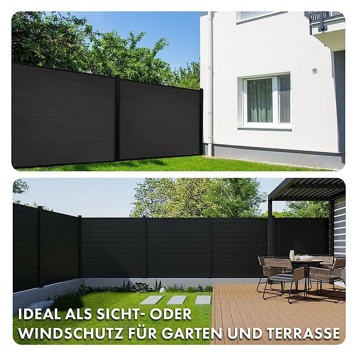 Floordirekt Sichtschutzelement Kronos - B x H: 180 x 180 cm, Verbundwerkstoff, Schwarz - Schwarzer Sichtschutzzaun im Garten und auf der Terrasse installiert, bietet Wind- und Sichtschutz.