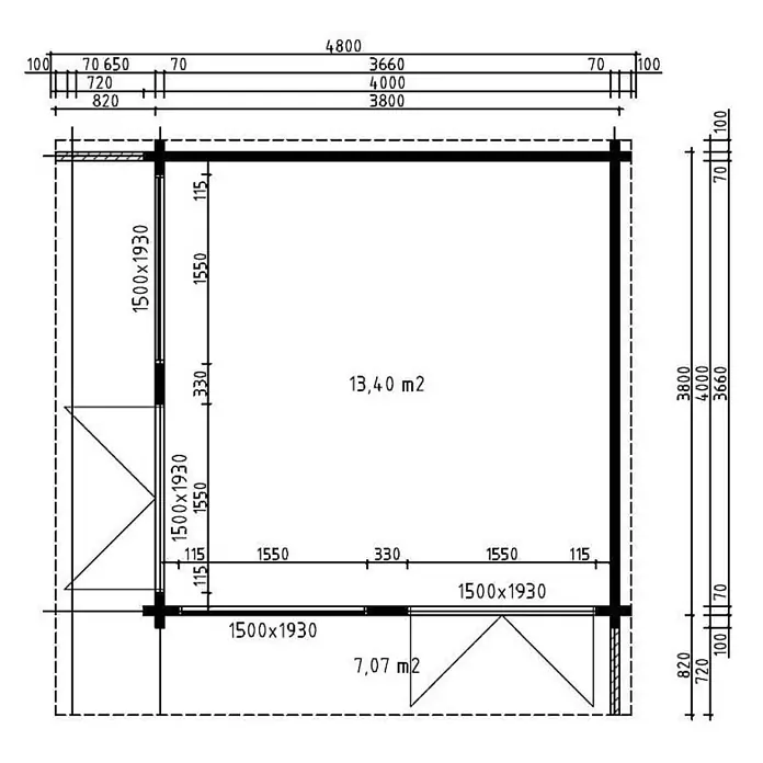 Alpholz Gartenhaus Viva A - Außenmaß inkl. Dachüberstand (B x T): 480 x 472 cm, Holz, Naturbelassen - Grundriss mit zwei Räumen (13,40 m², 7,07 m²) und Außenmaßen von 4800x3800 mm, zeigt Fenster und Bemaßungen.