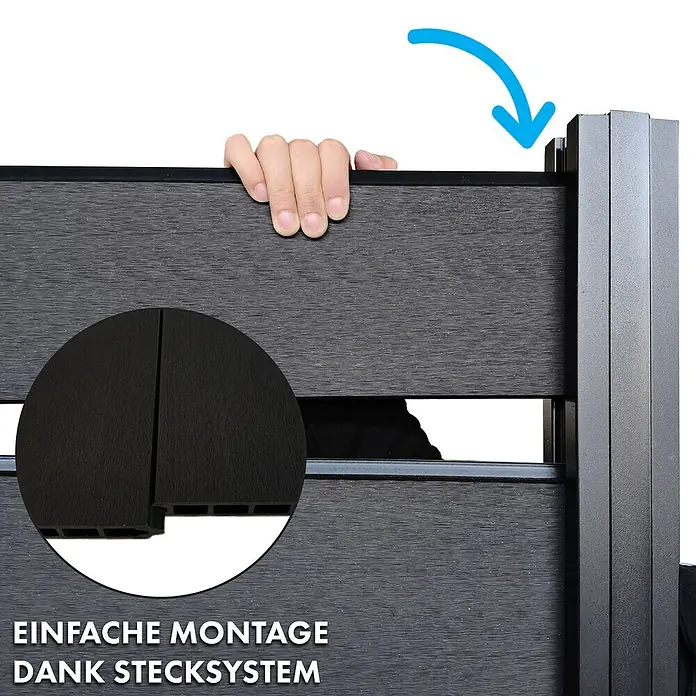 Floordirekt Sichtschutzelement Kronos - B x H: 180 x 180 cm, Verbundwerkstoff, Schwarz - Dunkelgraues Zaunelement in Holzoptik wird in einen schwarzen Pfosten eingesetzt, das einfache Stecksystem für leichte Montage betonend.