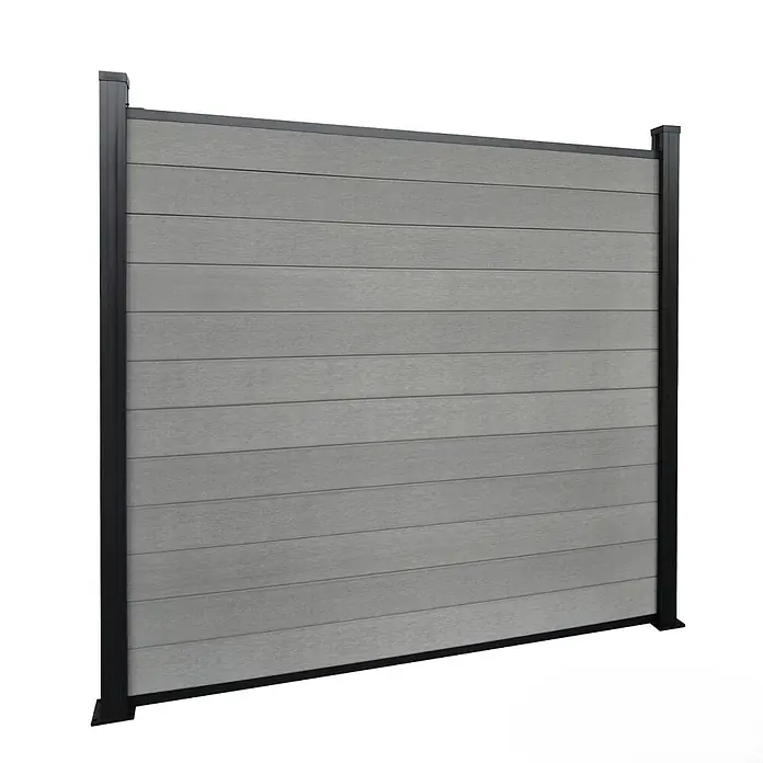 Floordirekt Sichtschutzelement Kronos - B x H: 180 x 180 cm, Verbundwerkstoff, Stone Grey - Grauer Lamellen-Sichtschutz mit schwarzen Metallpfosten und Rahmen.