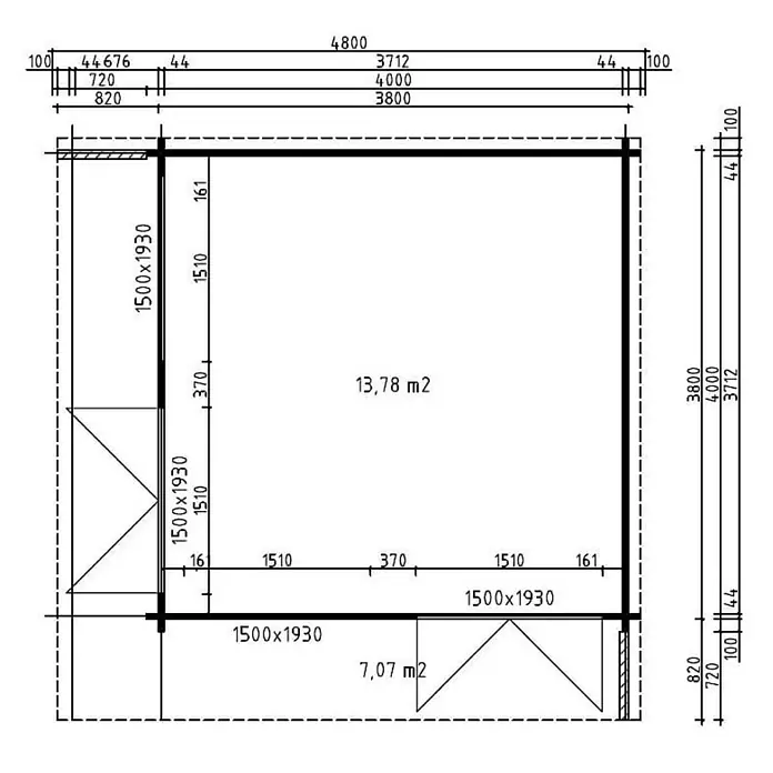 Alpholz Gartenhaus Viva A - Außenmaß inkl. Dachüberstand (B x T): 480 x 472 cm, Holz, Naturbelassen - Grundrisszeichnung eines Gebäudes mit Maßen (z.B. 4800x4000 mm) und zwei Räumen (13,78 m², 7,07 m²).