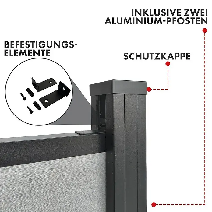 Floordirekt Sichtschutzelement Kronos - B x H: 180 x 180 cm, Verbundwerkstoff, Stone Grey - Dunkelgrauer Aluminiumpfosten mit hellgrauem Zaunpaneel, inklusive schwarzer Befestigungselemente und Schutzkappe.