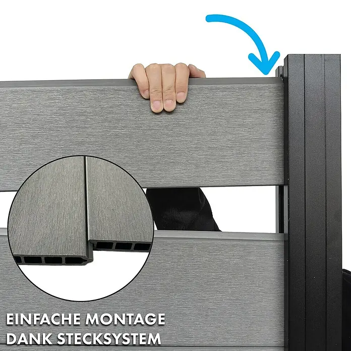 Floordirekt Sichtschutzelement Kronos - B x H: 180 x 180 cm, Verbundwerkstoff, Stone Grey - Graues WPC-Sichtschutzelement wird per Hand in schwarzen Pfosten gesteckt, zeigt einfaches Stecksystem.