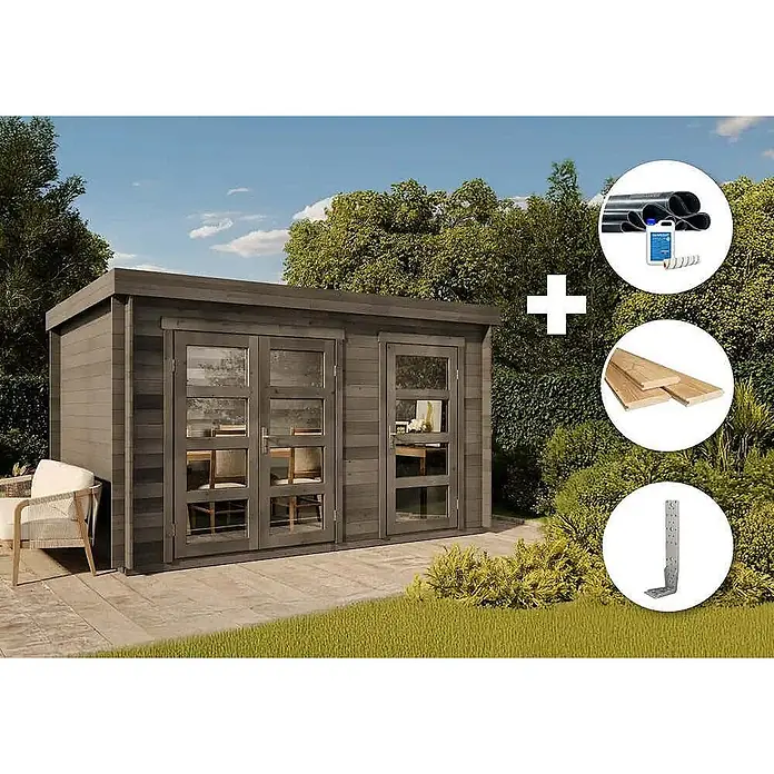 Alpholz Gartenhaus ECO Set Paloma Grande grau 28mm Wandstärke - Außenmaß inkl. Dachüberstand (B x T): 398 x 230 cm, Holz, Grau - Dunkles Holzgartenhaus mit Glastüren im Garten, dazu Rohre, Holzbretter und ein Metallwinkel.