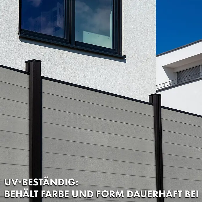 Floordirekt Sichtschutzelement Kronos - B x H: 180 x 180 cm, Verbundwerkstoff, Stone Grey - Grauer Sichtschutzzaun mit schwarzen Pfosten vor modernem Haus. UV-beständig, farb- und formstabil.