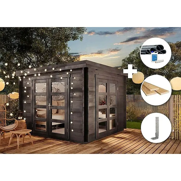 Alpholz Gartenhaus ECO Set Paloma Beach grau - Außenmaß inkl. Dachüberstand (B x T): 298 x 298 cm, Holz, Grau - Dunkelgrauer Holzgartenpavillon mit Baumaterialien: Rohre, Flüssigkeit, Holzbretter und Metallwinkel, in einem Garten bei Sonnenuntergang.
