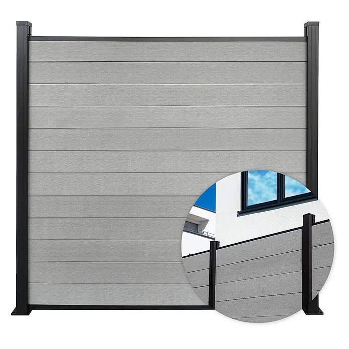 Floordirekt Sichtschutzelement Kronos - B x H: 180 x 180 cm, Verbundwerkstoff, Stone Grey - Grau lamellierter Sichtschutzzaun mit schwarzen Pfosten, ideal für den Außenbereich.
