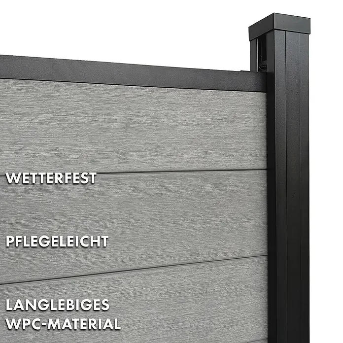 Floordirekt Sichtschutzelement Kronos - B x H: 180 x 180 cm, Verbundwerkstoff, Stone Grey - Graues WPC-Sichtschutzelement mit schwarzem Rahmen und Pfosten.