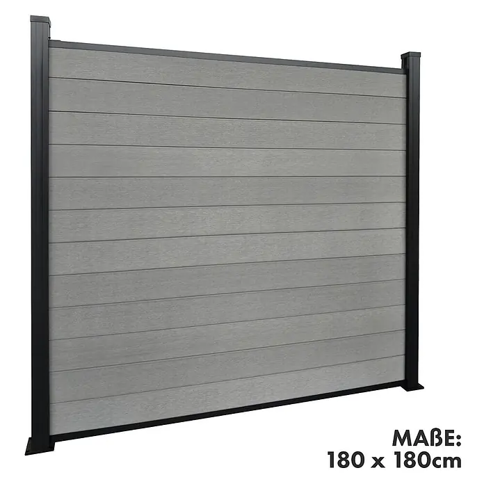 Floordirekt Sichtschutzelement Kronos - B x H: 180 x 180 cm, Verbundwerkstoff, Stone Grey - Graues WPC-Sichtschutzelement mit schwarzen Pfosten, 180x180cm.