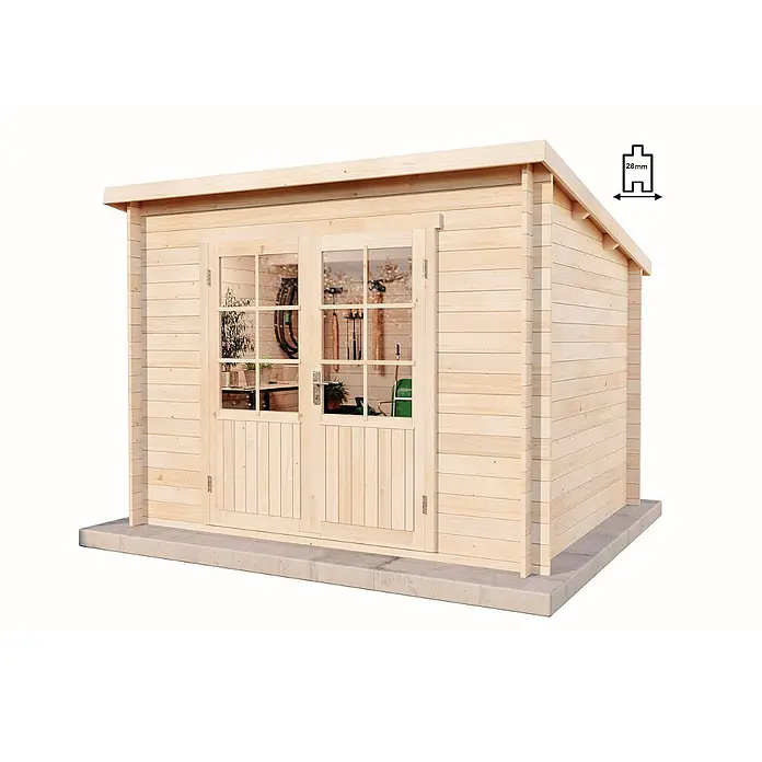 Alpholz Gartenhaus Maria - Außenmaß inkl. Dachüberstand (B x T): 300 x 272 cm, Holz, Pinie - Heller Holzgeräteschuppen mit Doppeltür, Fenstern, Pultdach und 28mm Wandstärke auf Betonfundament.