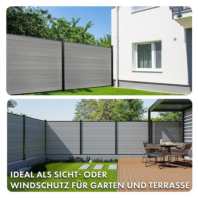 Floordirekt Sichtschutzelement Kronos - B x H: 180 x 180 cm, Verbundwerkstoff, Stone Grey - Grauer WPC-Sichtschutzzaun als Wind- und Sichtschutz für Garten und Terrasse.