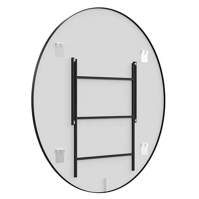 Home Deluxe Standspiegel KALI -  - Rückseite eines runden Spiegels mit schwarzem Rahmen, schwarzer Metallhalterung und Klebebefestigungen.