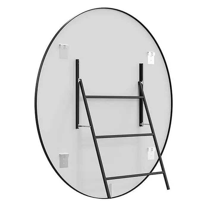 Home Deluxe Standspiegel KALI -  - Rückseite eines runden Spiegels mit schwarzem Metallrahmen und integriertem, klappbarem Metallständer.