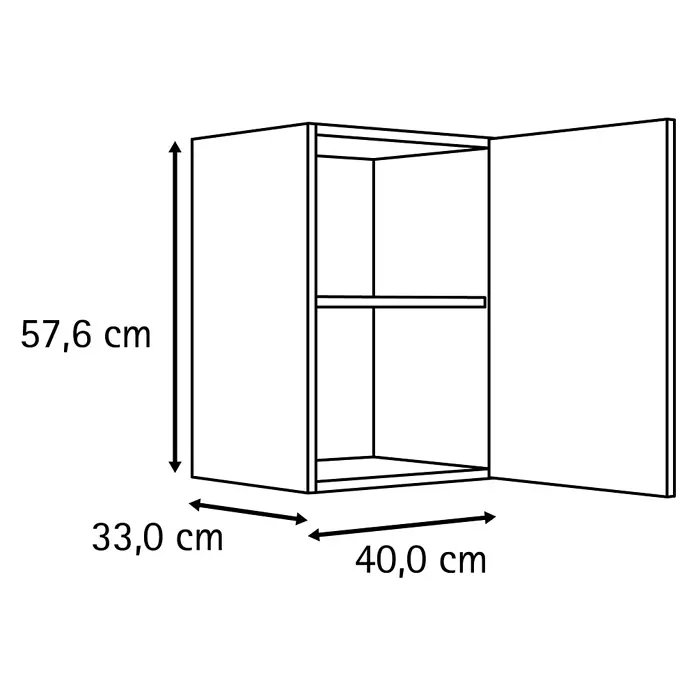 Optifit Optimulti Küchen-Hängeschrank Bonn214 - B x T x H: 40 x 33 x 57,6 cm, Weiß - Umrisszeichnung eines Hängeschranks mit einer geöffneten Tür, zwei Einlegeböden. Maße: 57,6 cm (H), 40,0 cm (B), 33,0 cm (T).