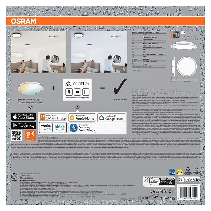 Ledvance Smart+ LED-Deckenleuchte rund - 18 W, Ø x H: 30 x 4,7 cm, Silber, Mehrfarbig - Weiße, runde, smarte LED-Deckenleuchte mit einstellbarem Weißlicht, im Bad gezeigt, mit detaillierten Funktionen und Smart-Home-Kompatibilität.