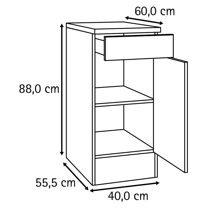 Optifit Optimulti Küchen-Unterschrank Bonn214 - B x T x H: 40 x 60 x 88 cm, Weiß/Grau - Strichzeichnung eines Schranks mit einer Schublade und einer Tür, mit internen Regalen. Maße: H 88,0 cm, B 60,0 cm, T 55,5 cm.