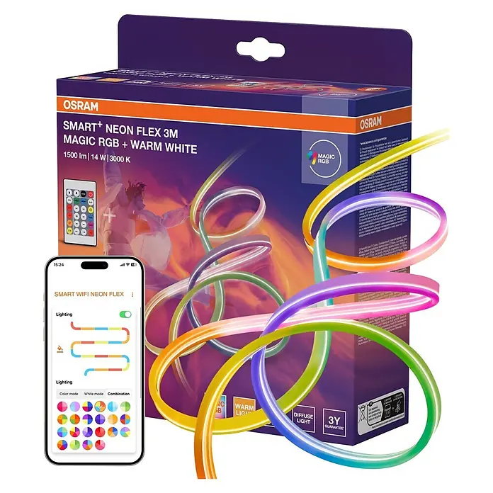 Osram Smart+ LED-Band Flex - Länge: 300 cm, Lichtfarbe: RGBW, 14 W, 1.500 lm, 220 V - 240 V - Verpackung der OSRAM SMART+ Neon Flex 3M RGB+Warm White LED-Streifen, zeigt flexibles, farbiges Licht und Steuerungs-App.
