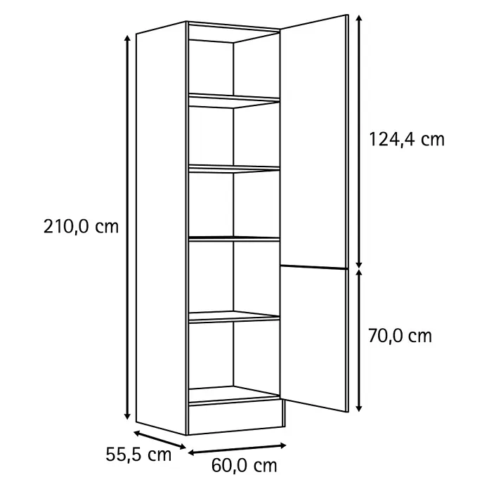 Optifit Optimulti Küchen-Hochschrank Bonn214 - B x T x H: 60 x 55,5 x 210 cm, Weiß - Hoher, schmaler Schrank mit Regalböden und zwei Türen (eine lang, eine kurz), Maße 210 cm hoch, 60 cm breit und 55,5 cm tief.