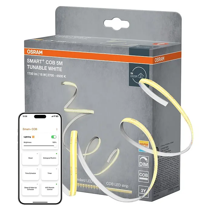Osram Smart+ LED-Band COB - Länge: 500 cm, Lichtfarbe: Tageslichtweiß, 18 W, 1.700 lm, 220 V - 240 V - OSRAM SMART+ COB 5M Tunable White LED-Streifen mit Verpackung und Smartphone-App-Steuerung, dimmbar und mit einstellbarem Weißlicht.