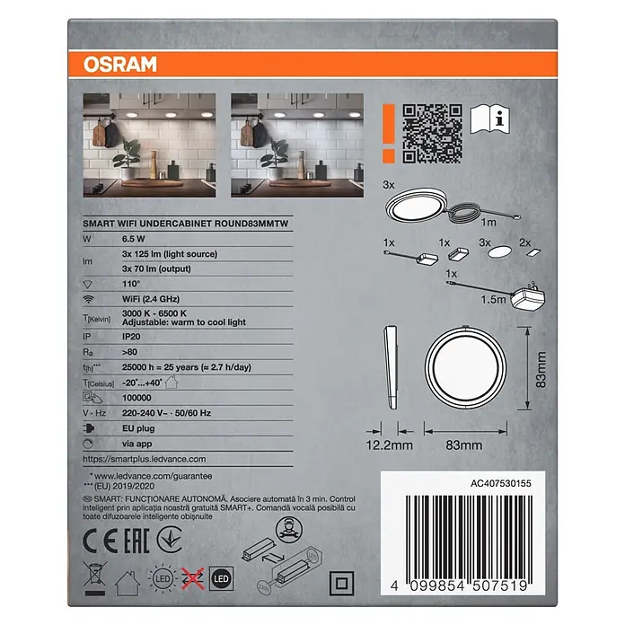 Ledvance Smart+ LED-Unterbauleuchten-Set - Mehrfarbig - Osram Smart WiFi Unterschrankleuchten-Set: drei runde weiße LED-Leuchten, Netzteil und Verpackung mit Produktspezifikationen.