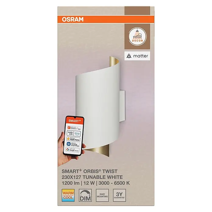 Ledvance Smart+ WiFi LED-Wandleuchte - 12 W, L x B x H: 12,7 x 9,5 x 23 cm, Weiß, Warmweiß - OSRAM SMART+ ORBIS TWIST: Weiße und goldene smarte LED-Wandleuchte, abstimmbares Weiß, dimmbar, kompatibel mit Smart Home Systemen.