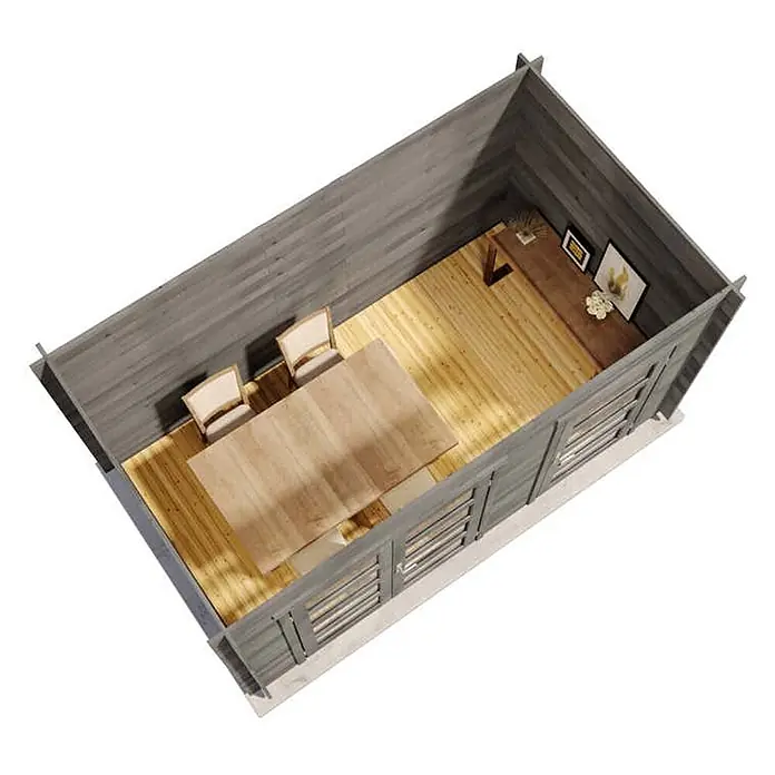 Alpholz Gartenhaus Paloma Grande - Außenmaß inkl. Dachüberstand (B x T): 398 x 230 cm, Holz, Anthrazitgrau - Inneneinrichtung eines grauen Gartenhauses mit hellem Holzboden, Esstisch und Stühlen.