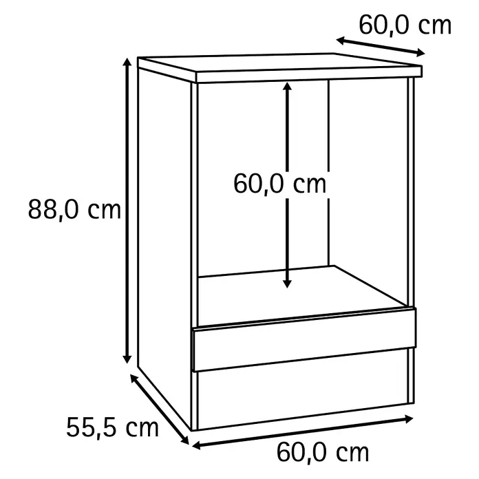 Optifit Optimulti Herdumbauschrank Kiel420 - 60 x 60 x 88 cm, Dekor Front: Grau matt - Schrank mit offenem Fach und zwei Schubladen. Gesamtmaße 88x60x55,5cm, offenes Fach 60cm hoch.