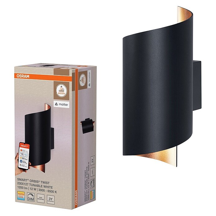 Ledvance Smart+ WiFi Aplique de pared LED Decor Twist (12 W, L x An x Al: 12,7 x 9,5 x 23 cm, Negro, Blanco cálido) | BAUHAUS