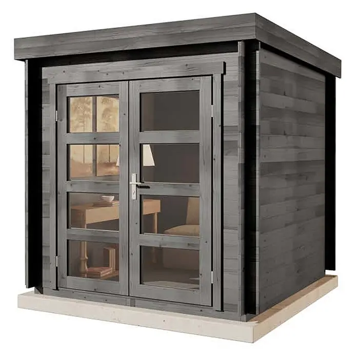 Alpholz Gartenhaus Paloma Petit - Außenmaß inkl. Dachüberstand (B x T): 230 x 230 cm, Holz, Anthrazitgrau - Kompakter grauer Holzgartenschuppen mit doppelten Glastüren, Flachdach und sichtbarer Inneneinrichtung.