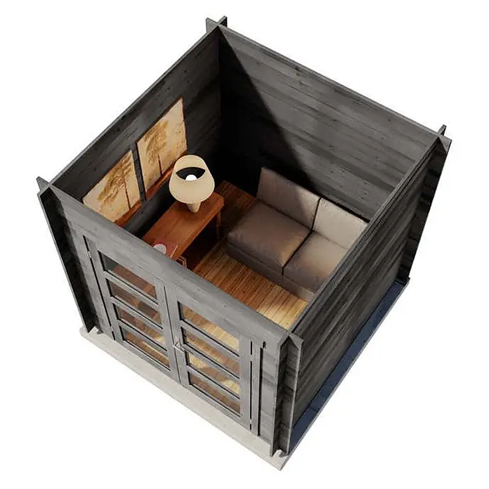 Alpholz Gartenhaus Paloma Petit - Außenmaß inkl. Dachüberstand (B x T): 230 x 230 cm, Holz, Anthrazitgrau - Dunkelgraue Holzhütte, innen mit Sofa, Beistelltisch und Lampe eingerichtet, von oben ohne Dach.