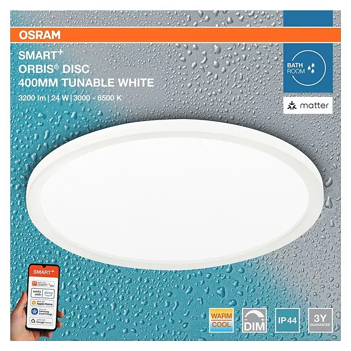 Ledvance Smart+ LED-Deckenleuchte rund - 25 W, Ø x H: 40 x 4,7 cm, Weiß, Mehrfarbig - Rundes, weißes OSRAM SMART+ ORBIS DISC Smart Tunable White LED-Deckenlicht, für Badezimmer und Smart Home geeignet.