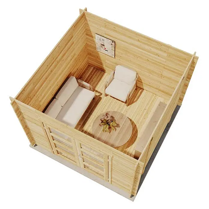 Alpholz Gartenhaus Paloma Sol - Außenmaß inkl. Dachüberstand (B x T): 298 x 298 cm, Holz, Naturbelassen - Möblierter heller Holzblockhütten-Innenraum mit Sofa, Sessel und Couchtisch.