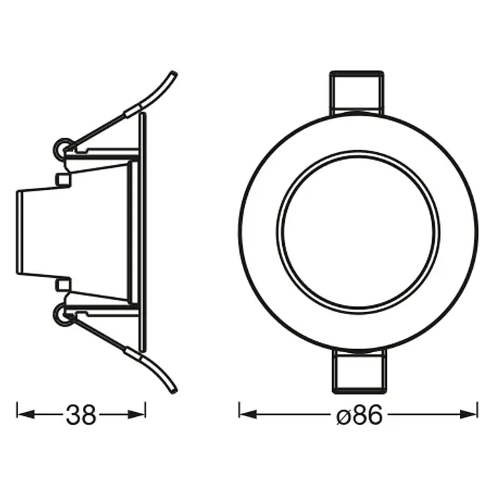 Ledvance LED-Einbauleuchte rund - 4,5 W, Ø x H: 8,6 x 4,8 cm, Mehrfarbig, Farbtemperatur: 2.700 K - 6.500 K, 100 ° - Technische Zeichnung einer Einbauleuchte mit Seiten- und Vorderansicht und Maßen: Tiefe 38mm, Durchmesser 86mm.