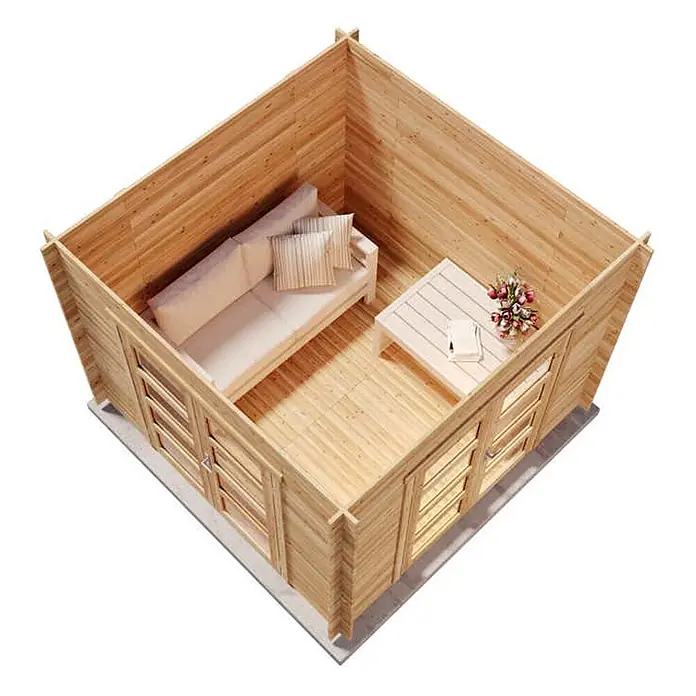 Alpholz Gartenhaus Paloma Beach - Außenmaß inkl. Dachüberstand (B x T): 298 x 298 cm, Holz, Naturbelassen - Innenansicht eines hellen Gartenhauses aus Holz mit Sofa, Kissen und einem Couchtisch mit Blumen und Buch.