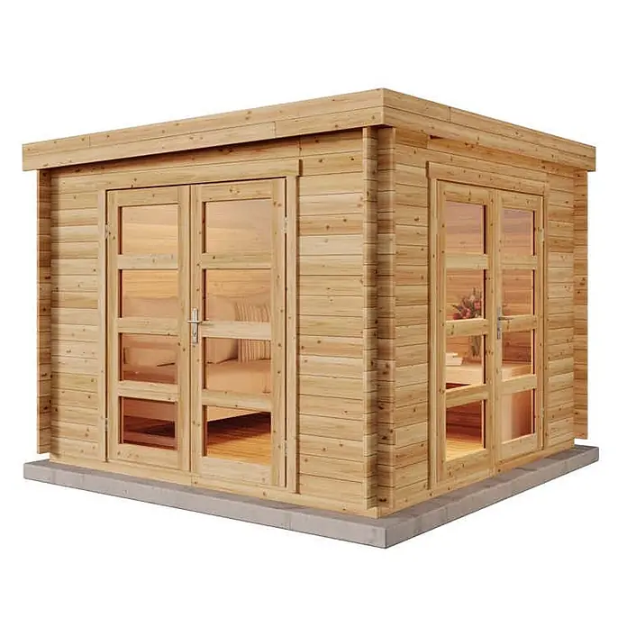 Alpholz Gartenhaus Paloma Beach - Außenmaß inkl. Dachüberstand (B x T): 298 x 298 cm, Holz, Naturbelassen - Helles Gartenhaus aus Naturholz mit breiten Glastüren, auf einem Betonsockel stehend.