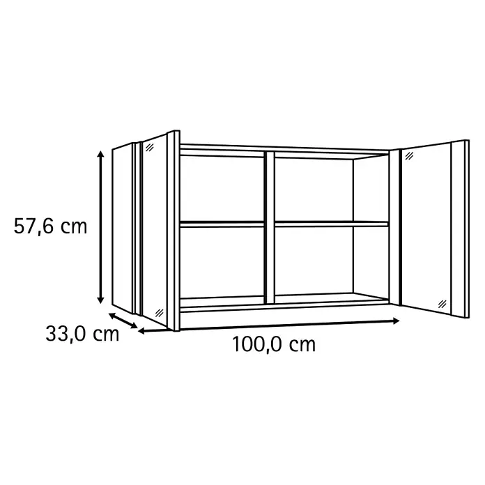 Optifit Optimulti Küchen-Hängeschrank Bonn214 - B x T x H: 100 x 33 x 57,6 cm, Weiß - Strichzeichnung eines zweitürigen Wandschranks mit Einlegeböden. Maße: 100,0 cm breit, 57,6 cm hoch, 33,0 cm tief.