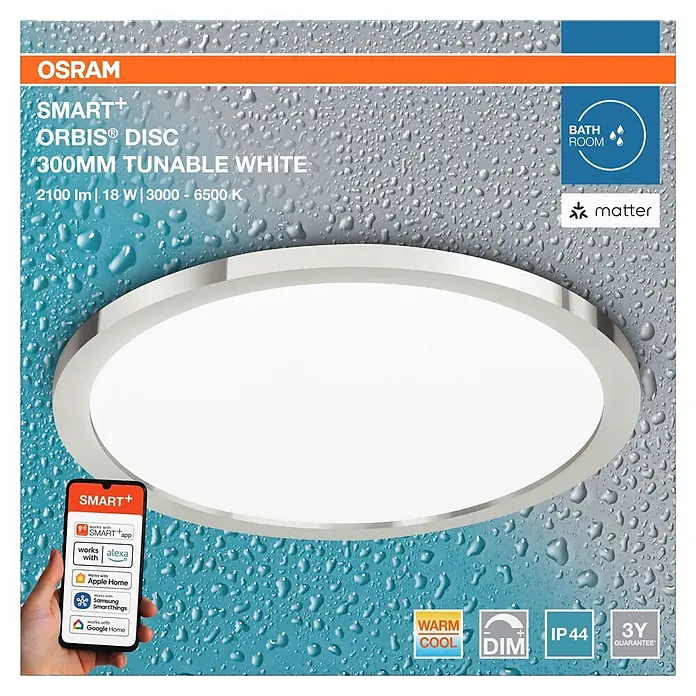 Ledvance Smart+ LED-Deckenleuchte rund - 18 W, Ø x H: 30 x 4,7 cm, Silber, Mehrfarbig - Weißes rundes OSRAM SMART+ ORBIS DISC 300mm dimmbares LED Deckenlicht, IP44 für Bäder, smart Home kompatibel (Alexa, Google Home, Matter).