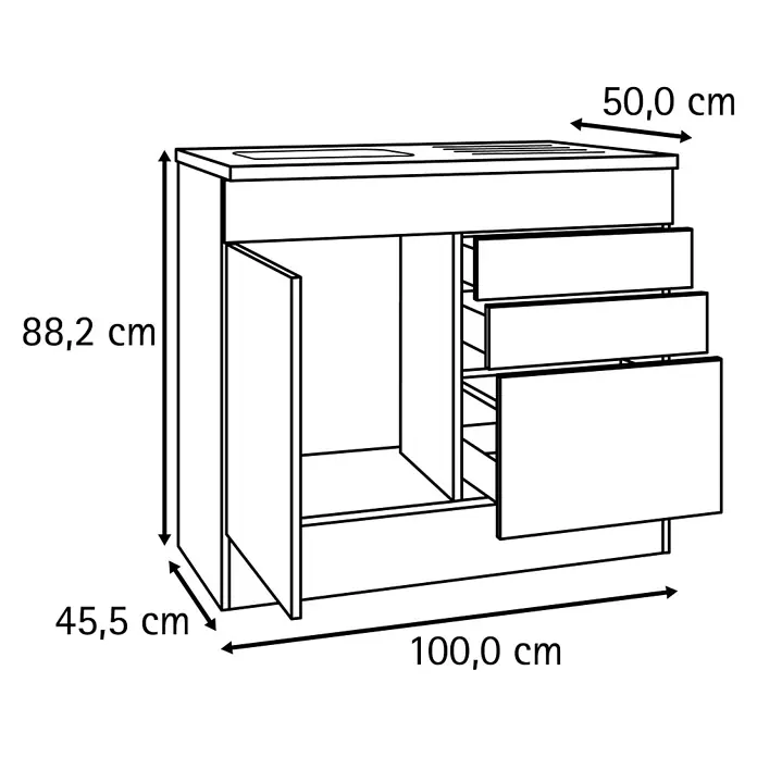 Optifit Optimulti Spülenunterschrank Bonn214 - 50 x 100 x 88,2 cm, Dekor Front: Weiß - Küchenunterschrank mit integrierter Spüle, zwei Flügeltüren links und drei Schubladen rechts.