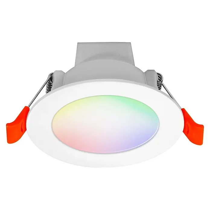 Ledvance LED-Einbauleuchte rund - 4,5 W, Ø x H: 8,6 x 4,8 cm, Mehrfarbig, Farbtemperatur: 2.700 K - 6.500 K, 100 ° - Weißer Einbau-LED-Strahler mit Regenbogen-Lichtpanel und orangefarbenen Federklammern.