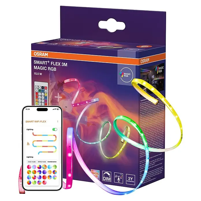 Osram Smart+ LED-Band Flex - Länge: 300 cm, Lichtfarbe: RGB, 15,5 W, 220 V - 240 V - Verpackung der OSRAM SMART+ FLEX 3M MAGIC RGB LED-Streifen mit flexiblen, farbigen Leisten, Fernbedienung und Smartphone-App.