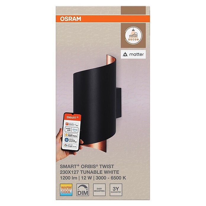 Ledvance Smart+ WiFi Aplique de pared LED Decor Twist (12 W, L x An x Al: 12,7 x 9,5 x 23 cm, Negro, Blanco cálido) | BAUHAUS
