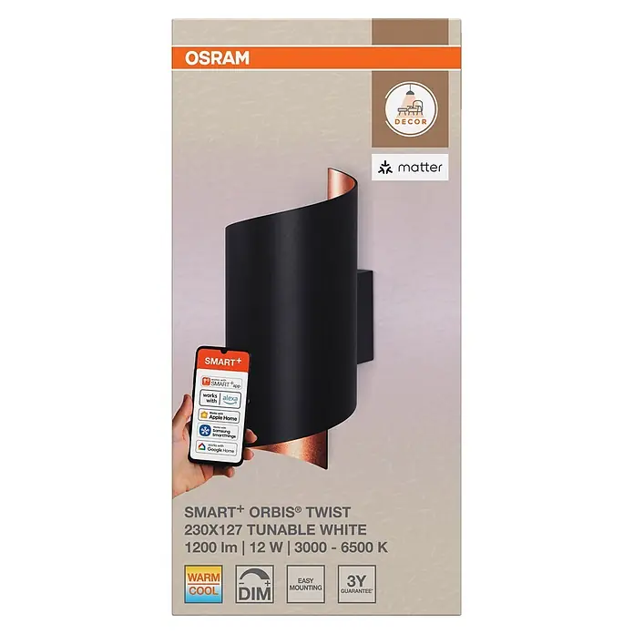 Ledvance Smart+ WiFi LED-Wandleuchte - 12 W, L x B x H: 12,7 x 9,5 x 23 cm, Schwarz, Warmweiß - Schwarze Wandleuchte mit Kupfer-Interieur, Smart Home-fähig, dimmbar, tunable weiß.