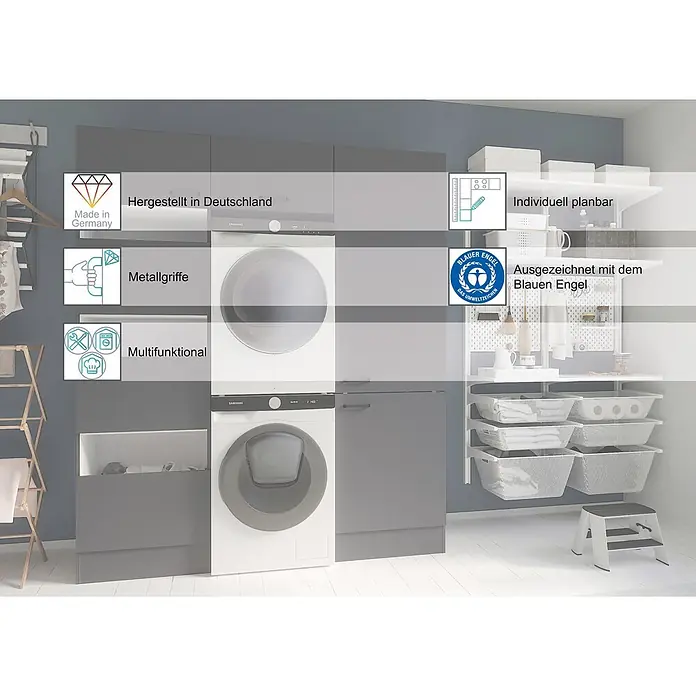 Optifit Optimulti Küchen-Hochschrank Bonn214 - B x T x H: 60 x 55,5 x 210 cm, Weiß - Modernes graues Waschraumsystem mit gestapelter Waschmaschine/Trockner, Schränken und Körben. Made in Germany, mit Metallgriffen, multifunktional, individuell planbar.
