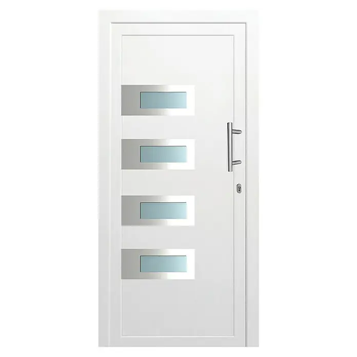 Solid Elements Haustür KF-303 - 110 x 210 cm, DIN Anschlag: Rechts, Weiß - Moderne weiße Haustür mit vier rechteckigen Glaseinsätzen und einem eleganten Edelstahlgriff für einen stilvollen Eingangsbereich.