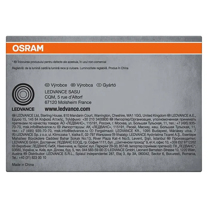 Ledvance LED-Einbauleuchte rund - 4,5 W, Ø x H: 8,6 x 4,8 cm, Mehrfarbig, Farbtemperatur: 2.700 K - 6.500 K, 100 ° - OSRAM LEDVANCE Produktinformationsetikett mit konzentrischem Kreislogo und mehrsprachigen Details, einschließlich „Made in China“.