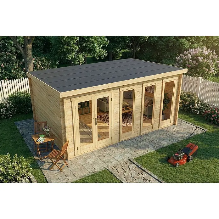 Alpholz Gartenhaus Atrium D - Außenmaß inkl. Dachüberstand (B x T): 598 x 618 cm, Holz, Naturbelassen - Geräumige Gartenhütte aus Holz mit dunklem Flachdach und Glastüren, auf einer gepflasterten Terrasse im Garten.